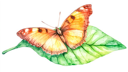 Obraz premium Delicate watercolor illustration of a sweet butterfly resting on a vibrant green leaf, vector clip art design, with a clean flat white background