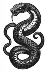 Black coiled snake with shiny scales, cut out - stock png.