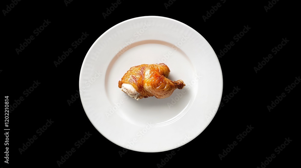 Poster single piece of roasted chicken on a plain white plate against a black background with copy space fo