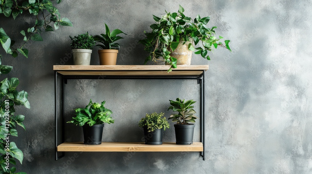 Aufkleber modern wooden shelf displaying various potted indoor plants against a textured gray wall with greene