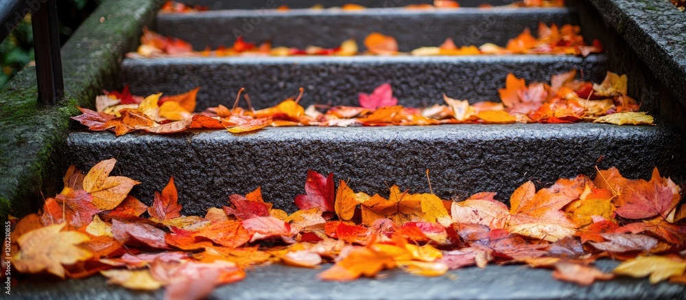 Poster colorful autumn leaves scattered on concrete steps with a blurred background showing green foliage; 