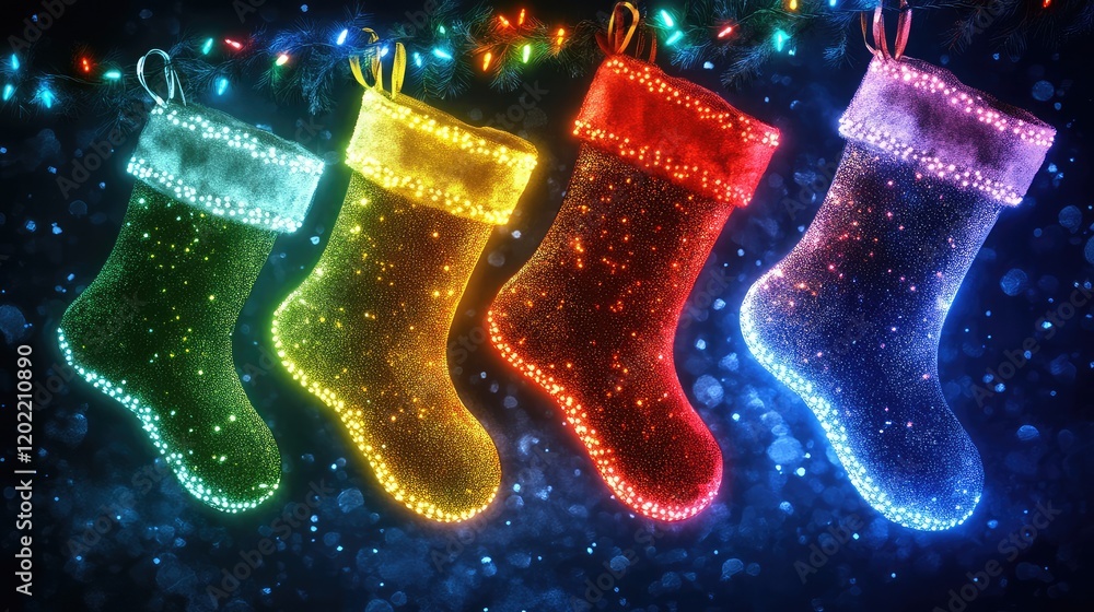 Aufkleber colorful illuminated christmas stockings hanging against a dark background with festive lights and b