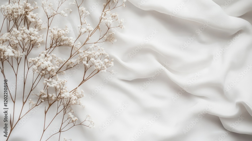 Poster white silk fabric with soft folds and dried flowers isolated on a light background copy space