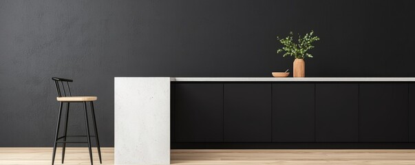 Minimalist modern interior design concepts, Modern kitchen interior featuring a sleek black wall, minimalist furniture, and a touch of greenery.