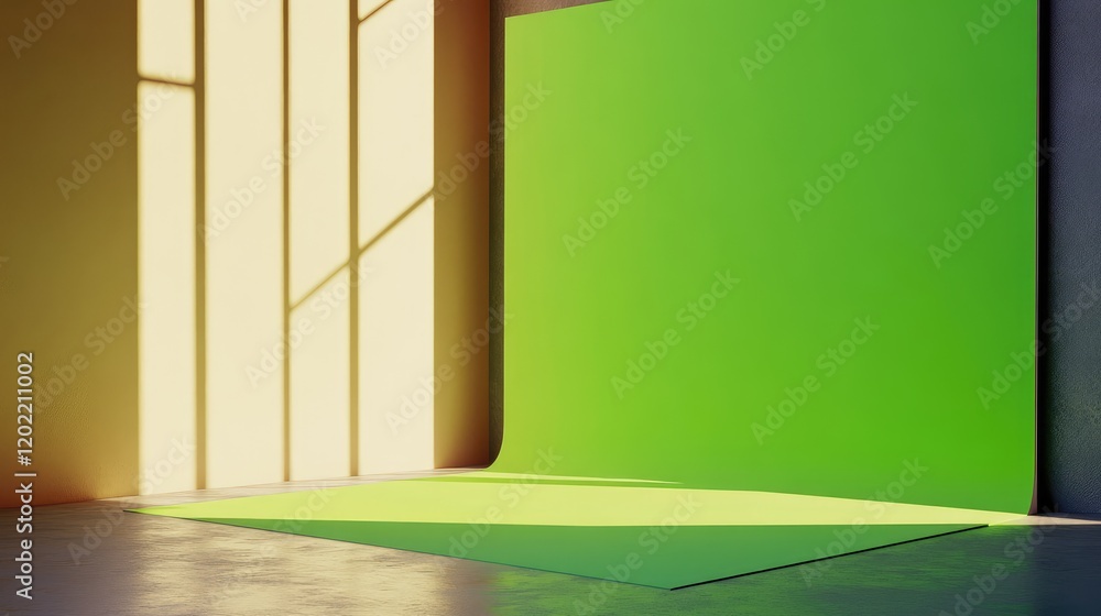 Poster bright green studio backdrop with natural light casting shadows in a minimalist photography space co