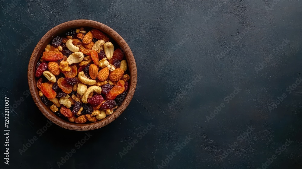 Poster mixed nuts and dried fruits in a wooden bowl on dark textured background with copy space for text