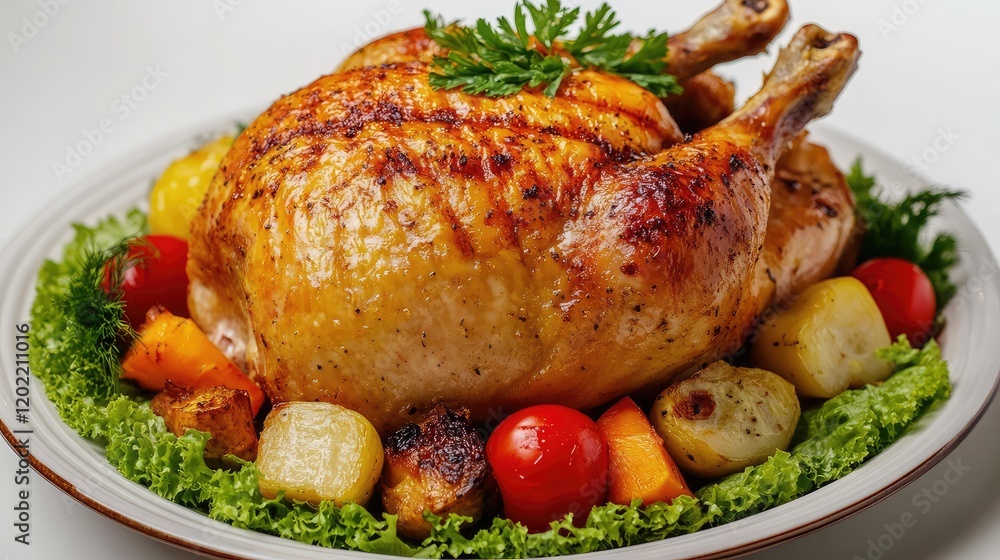 Poster roasted whole chicken served on a platter with vegetables and garnish on a white background copy spa