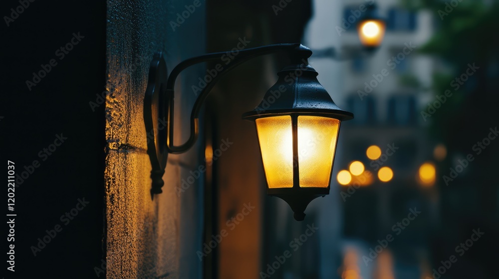 Poster vintage street lamp glowing in the evening light with blurred bokeh background and copy space for te