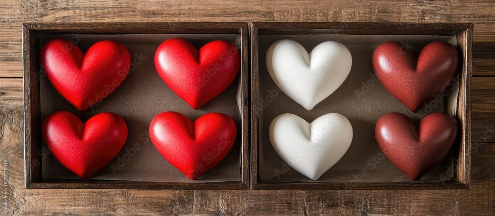 Poster colorful heart-shaped chocolates in wooden boxes arranged in pairs on a rustic wooden surface with c