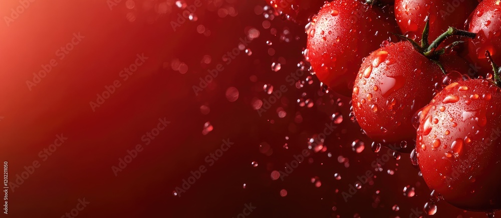 Poster Fresh ripe tomatoes with water droplets on red background with copy space for text