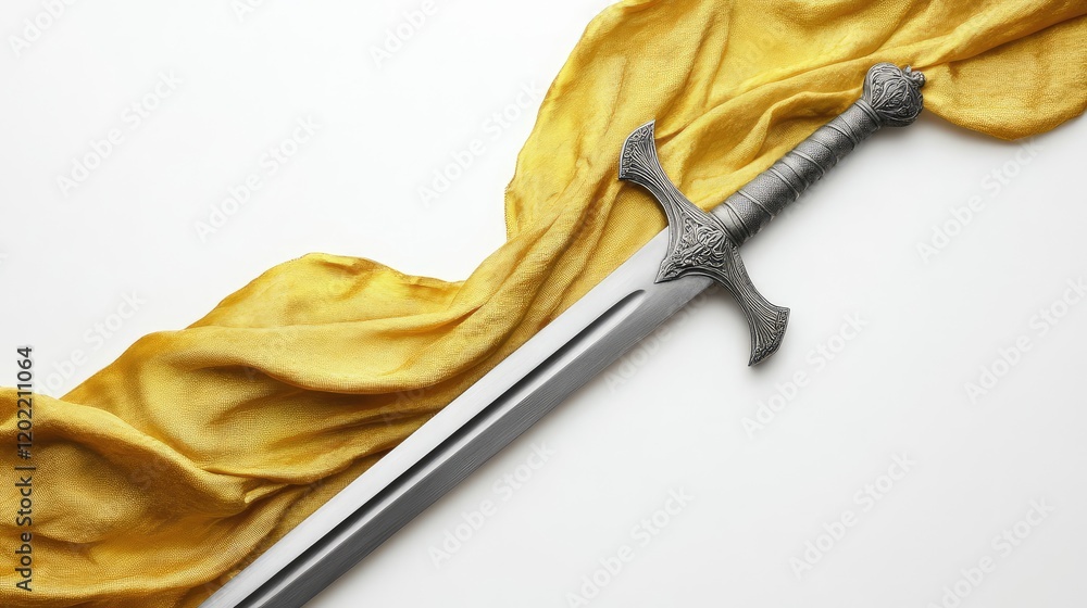 Poster Sword placed on a yellow fabric background with copy space for text or graphics.