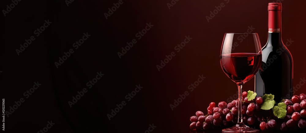 Poster Red wine bottle and glass with grapes on table with dark background featuring copy space for text placement