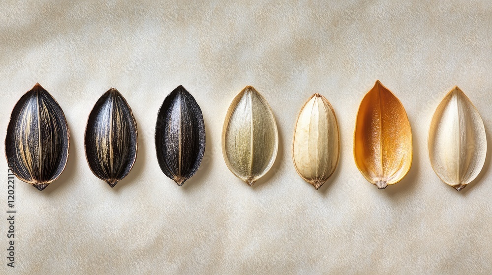 Poster Various Seed Types Arranged in a Horizontal Line on a Light Background with Copy Space
