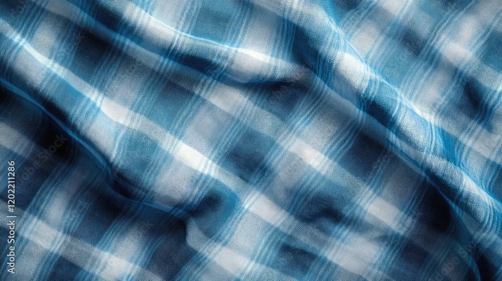Poster blue plaid textile fabric background with soft folds and copy space for text.