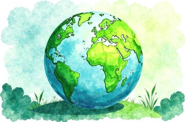 Fototapeta premium green watercolor painting of earth globe with splatters on white background in earth concept of conservation