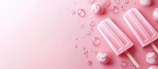 Pink popsicles on a pink background with water droplets and pearls showing Copy Space for text placement