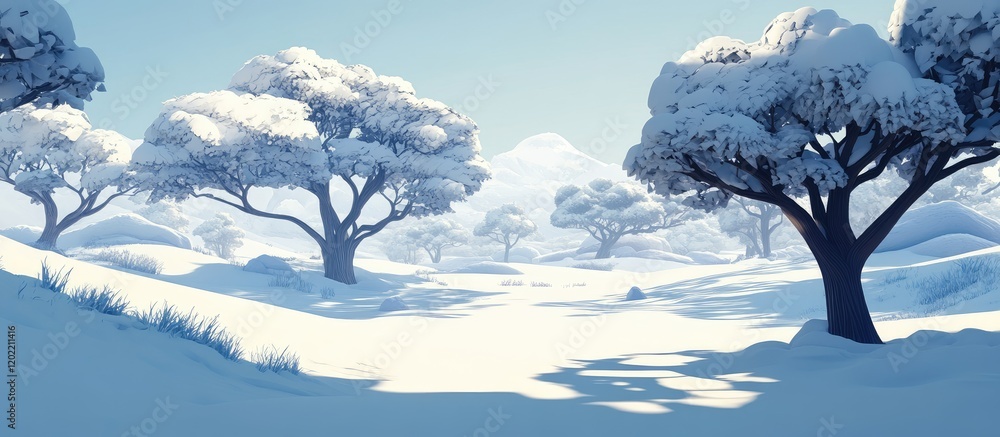 Aufkleber snowy winter landscape with gently rolling hills and silhouetted trees against a clear sky featuring