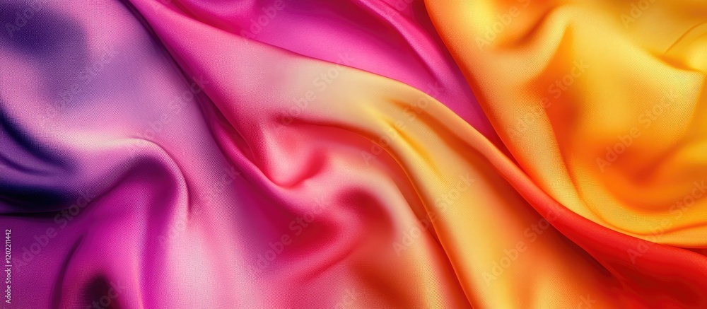 Poster colorful silk fabric texture in shades of purple orange and pink with smooth waves and folds providi