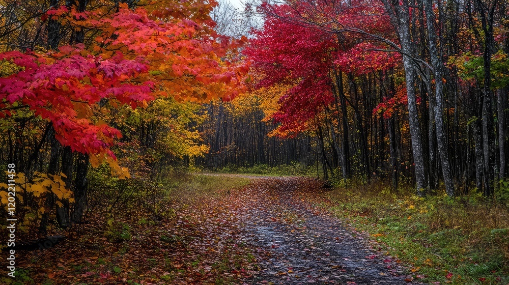 Aufkleber autumn forest pathway with vibrant red and yellow foliage in a tranquil natural setting copy space