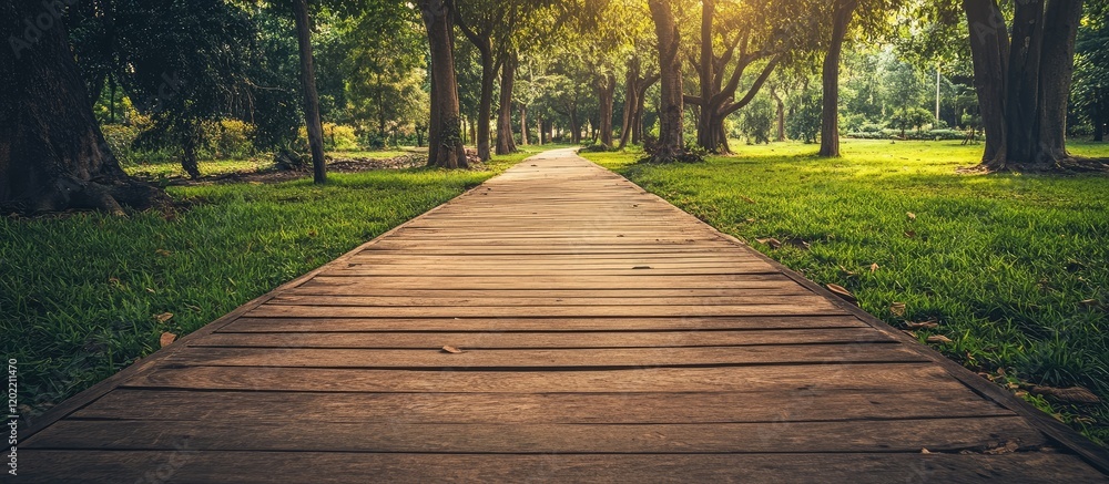 Poster wooden walkway through a lush green park surrounded by trees with sunlight filtering through the lea