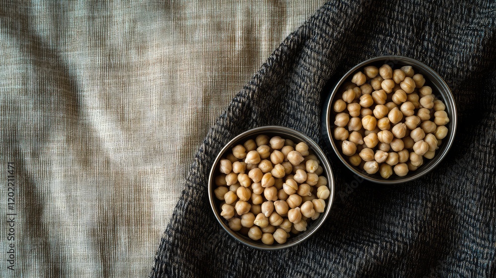 Poster Chickpeas in two metal bowls on textured fabric background with Copy Space for text placement