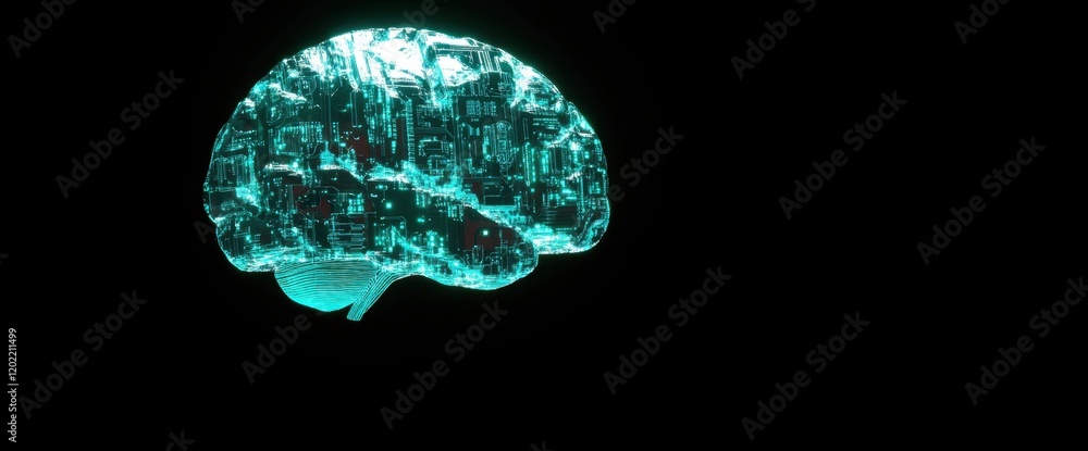 Poster an ai brain made from circuit boards, illuminated in teal against a black background with space for 