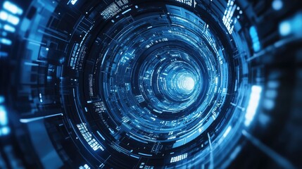 Futuristic digital tunnel with glowing blue lines and patterns, abstract technology background with copy space