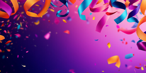 Festive border, Party curly paper ribbons. Colorful explosion confetti. Multicolored party decorations. Concept for party.
