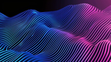 A vibrant wave pattern of blue and purple lines creates a mesmerizing visual effect against a dark background.
