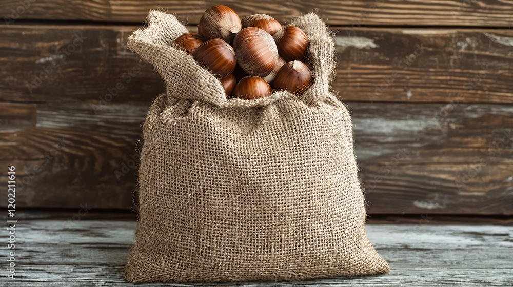 Poster hessian sack filled with hazelnuts on wooden background copy space
