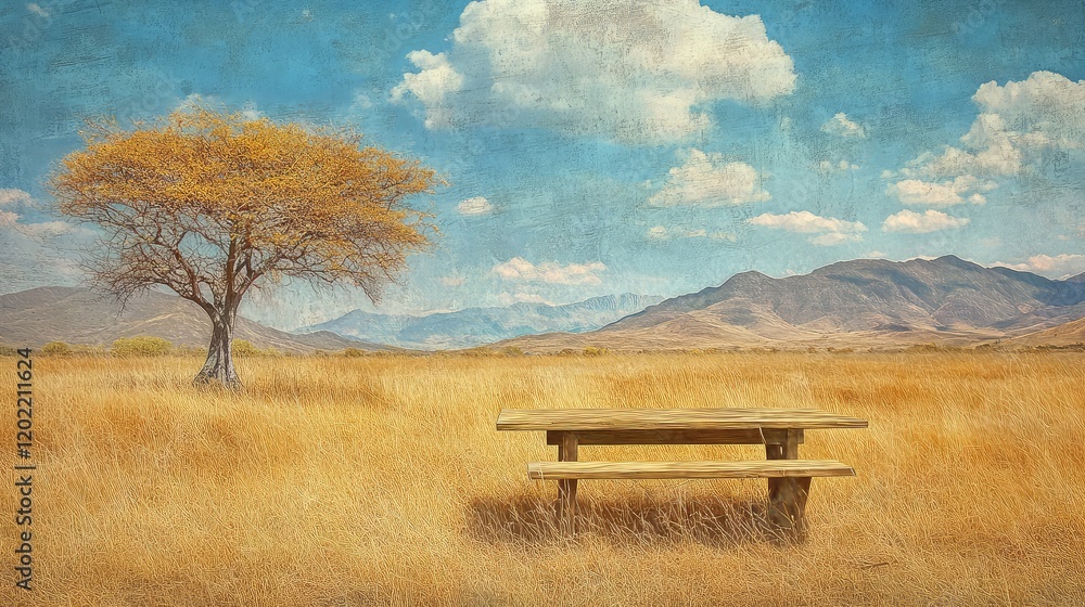 Poster lone tree beside a rustic picnic table in a vast golden grassland landscape with mountains under a b