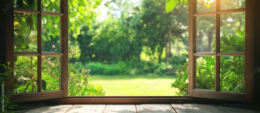 Poster Open wooden window overlooking a lush green garden with sunlight filtering through trees Copy Space