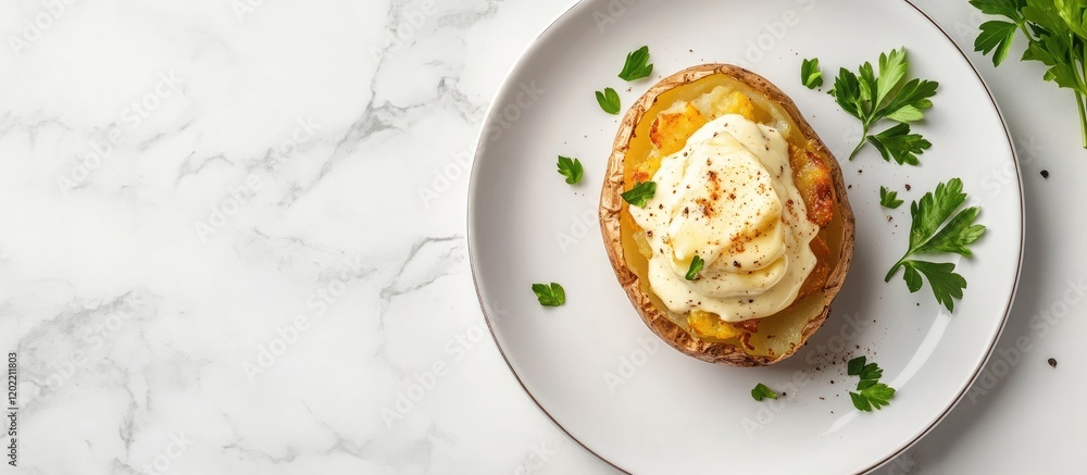 Poster baked potato topped with sour cream and chives on white marble background with copy space