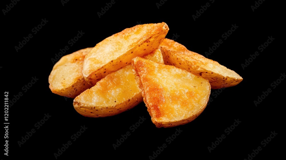 Poster golden crispy potato wedges isolated on black background with copy space for text