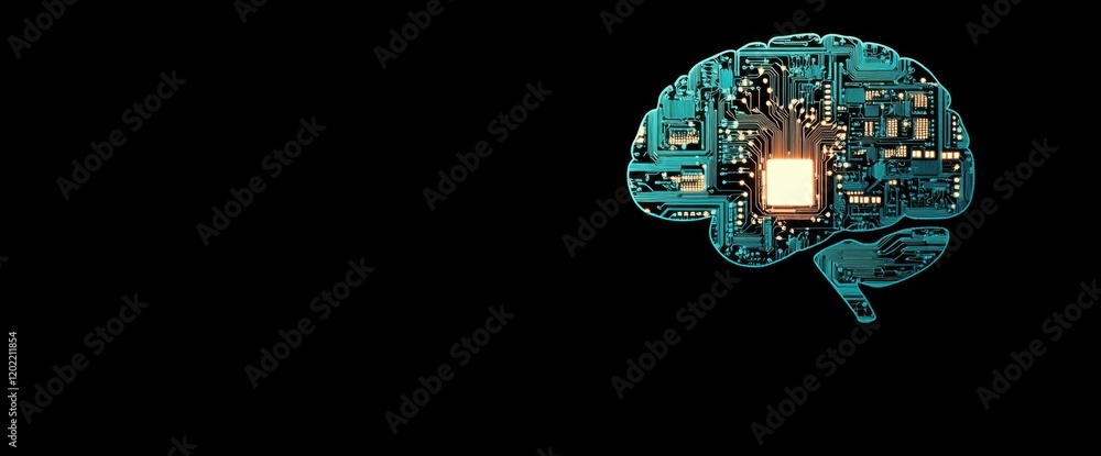 Poster an ai brain made from circuit boards on a black background, with a blue and teal color scheme the de