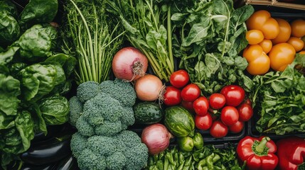 Fresh assorted vegetables including spinach, broccoli, tomatoes, peppers, onions, cucumbers, and yellow tomatoes with Copy Space.