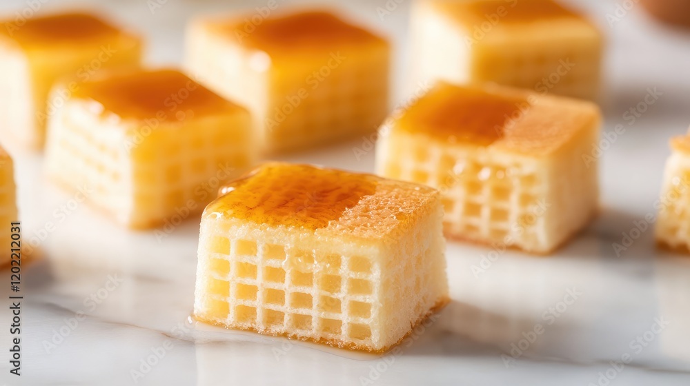 Poster honeycomb flavored marshmallow squares on a marble surface with natural lighting and copy space