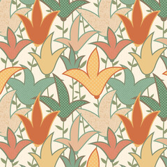 Maximalist boho tulips pattern with modern textures in beige, orange and teal