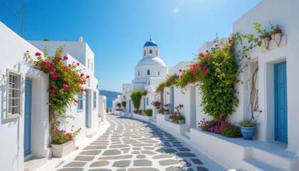 Fototapeta premium Old white buildings line a narrow Mediterranean street