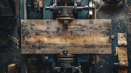 Woodworking machine with a blank wooden board and metal parts, top view, industrial craftsmanship, Copy Space