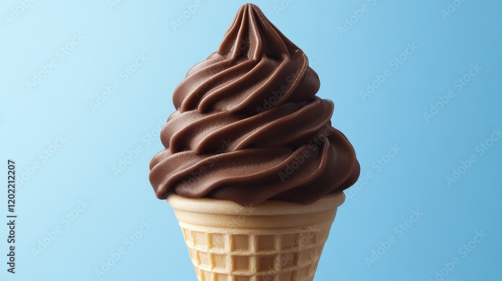 Poster Chocolate soft serve ice cream in a waffle cone on blue background with Copy Space