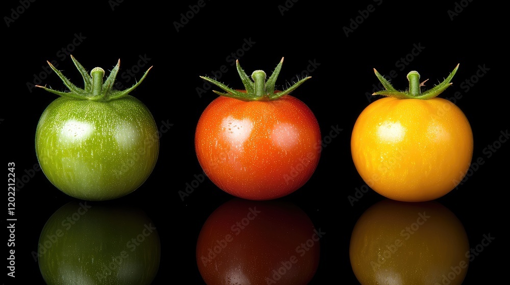 Poster fresh tomatoes in green, red, and yellow varieties against a black background with reflections and a