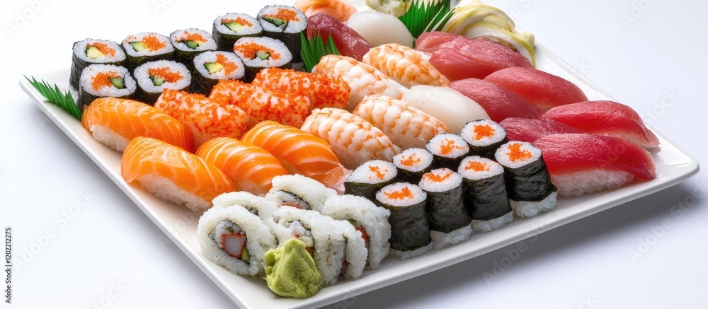 Poster assorted sushi platter with various types of sushi including nigiri, maki, and sashimi on a white ba