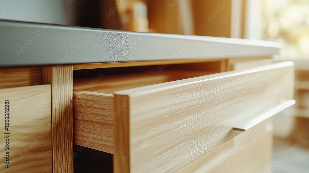 Poster close-up view of wooden drawer with open compartment in modern interior setting copy space