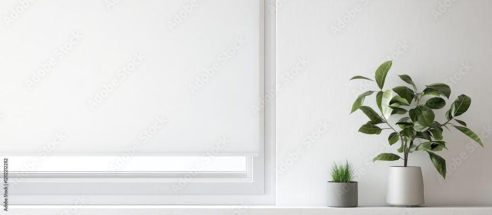 Poster modern minimalist interior with decorative plants in pots against a white wall and ample copy space 