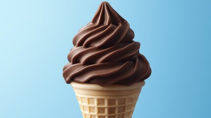 Chocolate soft serve ice cream in a waffle cone on blue background with Copy Space