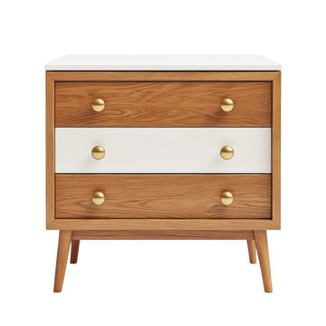 A stylish three-drawer chest made of wood with white accents and gold knobs, features a modern design.
