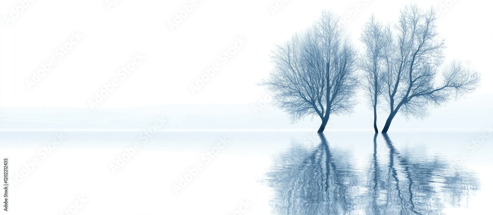 Poster Winter landscape with bare trees reflecting in calm water with misty background and ample copy space for text.