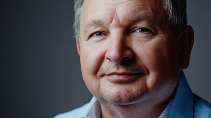 Fototapeta premium Close-up of a middle-aged man with a calm expression against a neutral backdrop, showcasing professionalism and serenity in a simple setting