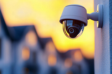 home security camera mounted on wall, capturing urban surroundings at sunset. camera is designed for surveillance, ensuring safety and monitoring in residential areas
